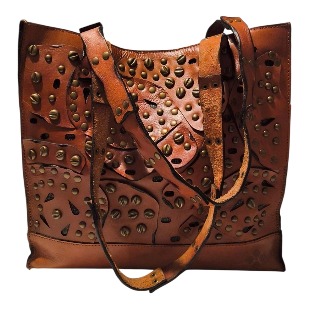 Patricia Nash Studded Link Perforated Toscano Tote Bag in Cognac Brown EUC - Picture 9 of 16